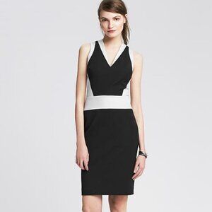 Banana Republic Black and White Sloan Fit Color Block V-Neck Sheath Midi Dress